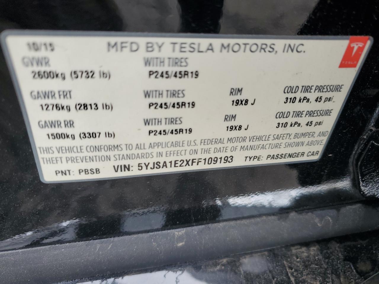 2015 Tesla Model S VIN: 5YJSA1E2XFF109193 Lot: 87287185