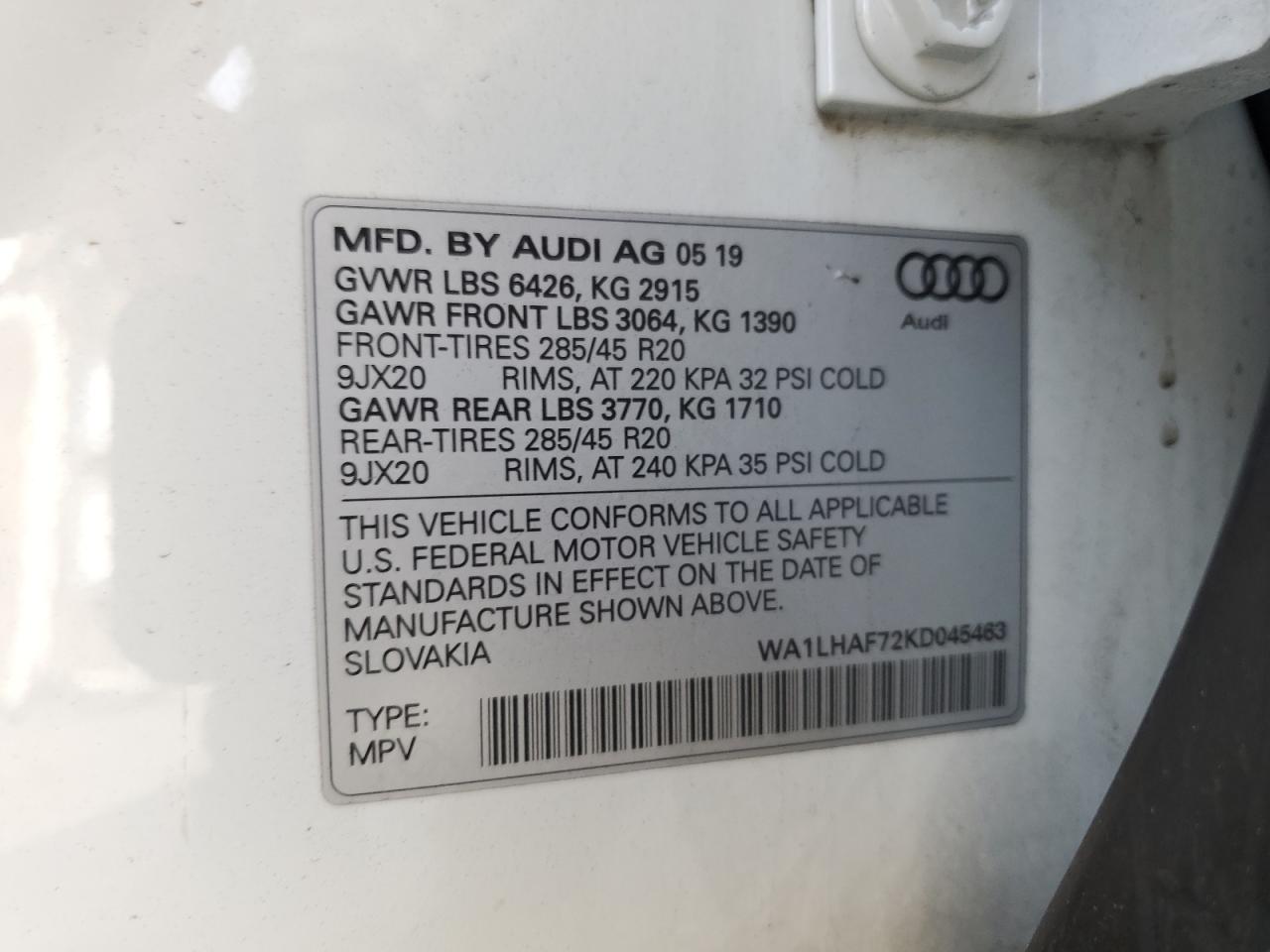 2019 Audi Q7 Premium Plus VIN: WA1LHAF72KD045463 Lot: 81656925
