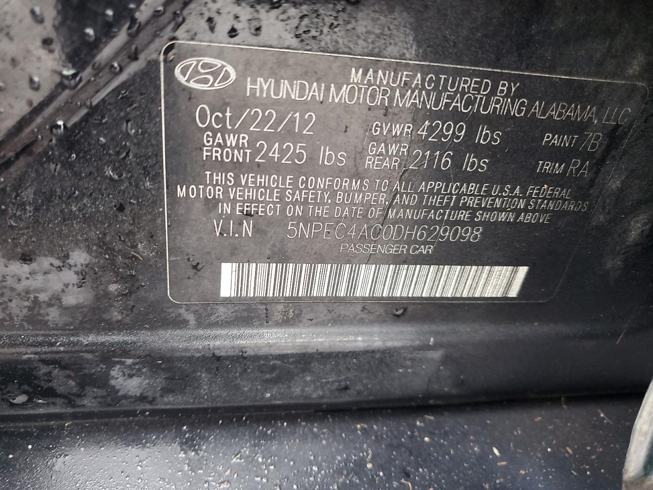 2013 Hyundai Sonata Se VIN: 5NPEC4AC0DH629098 Lot: 84939835