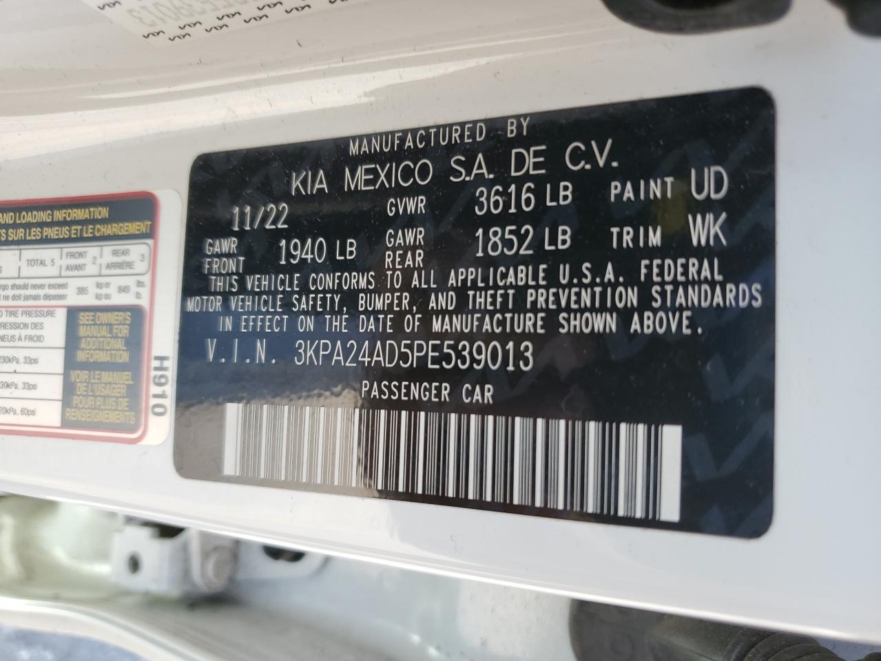 2023 Kia Rio Lx VIN: 3KPA24AD5PE539013 Lot: 85696605