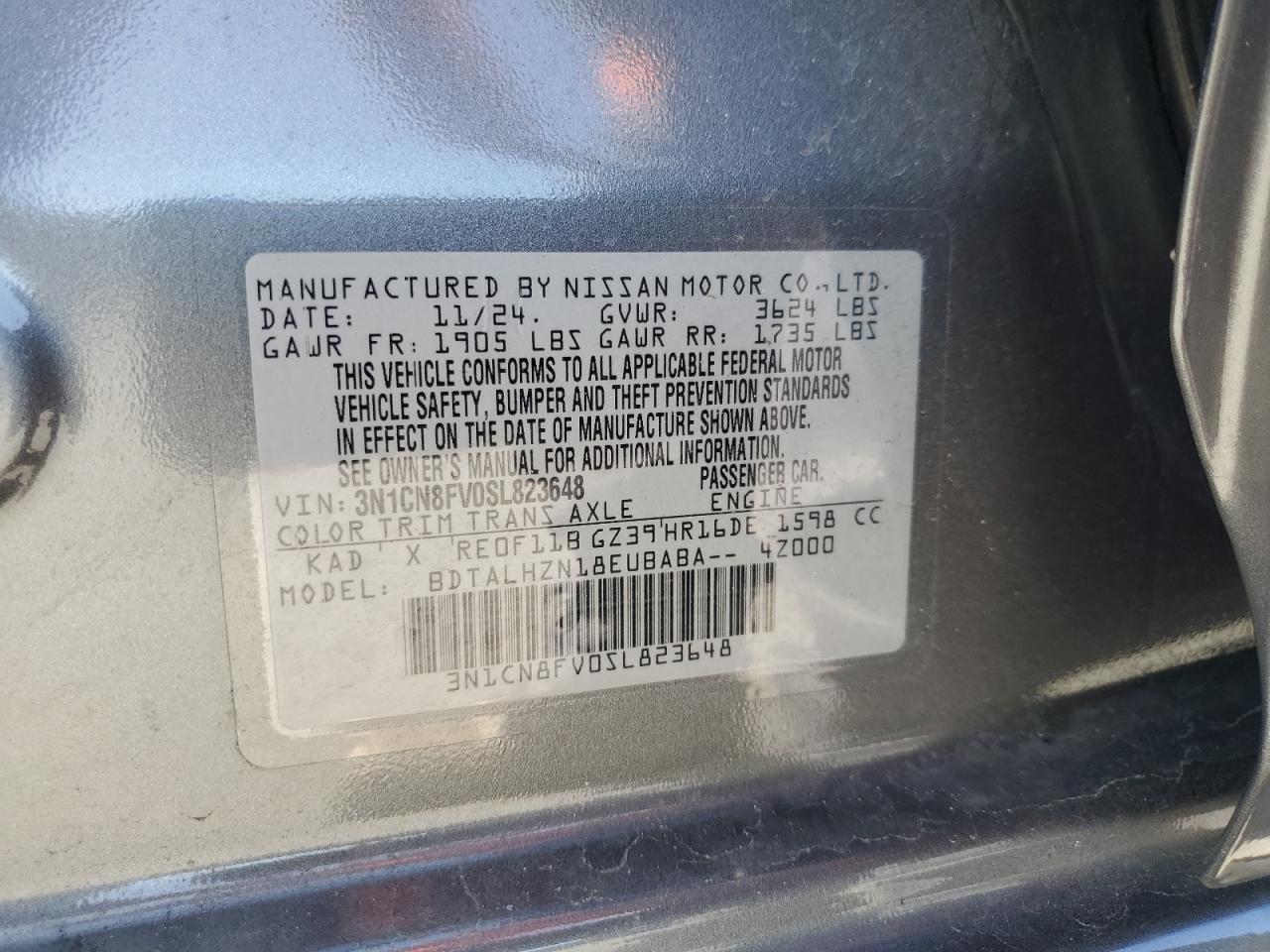 2025 Nissan Versa Sr VIN: 3N1CN8FV0SL823648 Lot: 82209845