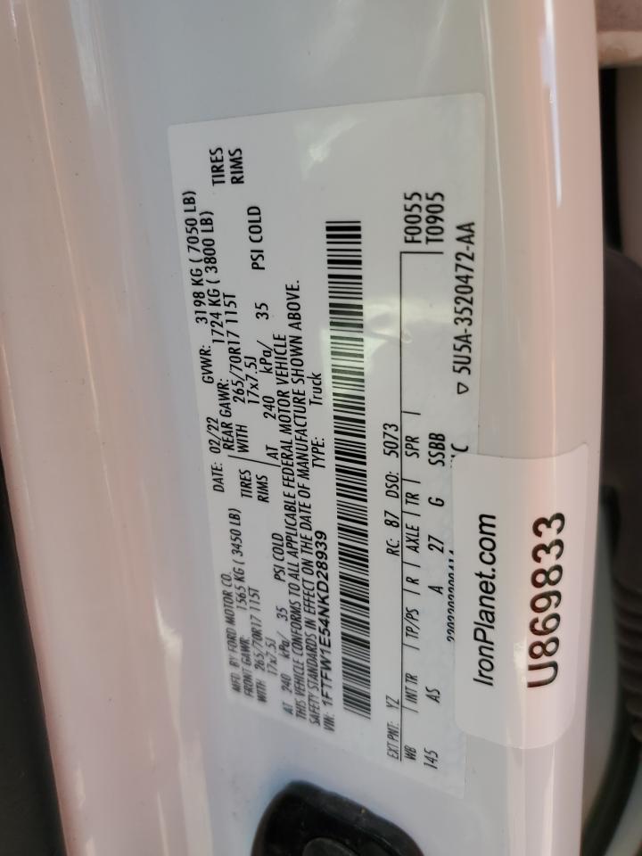 2022 Ford F150 Supercrew VIN: 1FTFW1E54NKD28939 Lot: 86849905