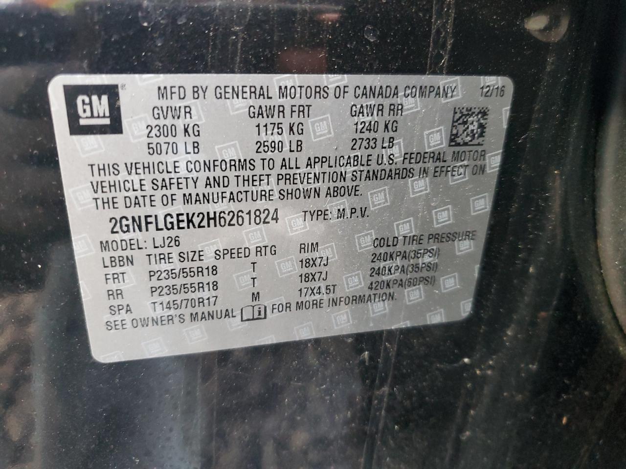 2017 Chevrolet Equinox Premier VIN: 2GNFLGEK2H6261824 Lot: 86153385