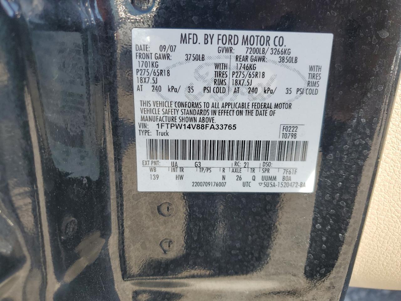 2008 Ford F150 Supercrew VIN: 1FTPW14V88FA33765 Lot: 84948355