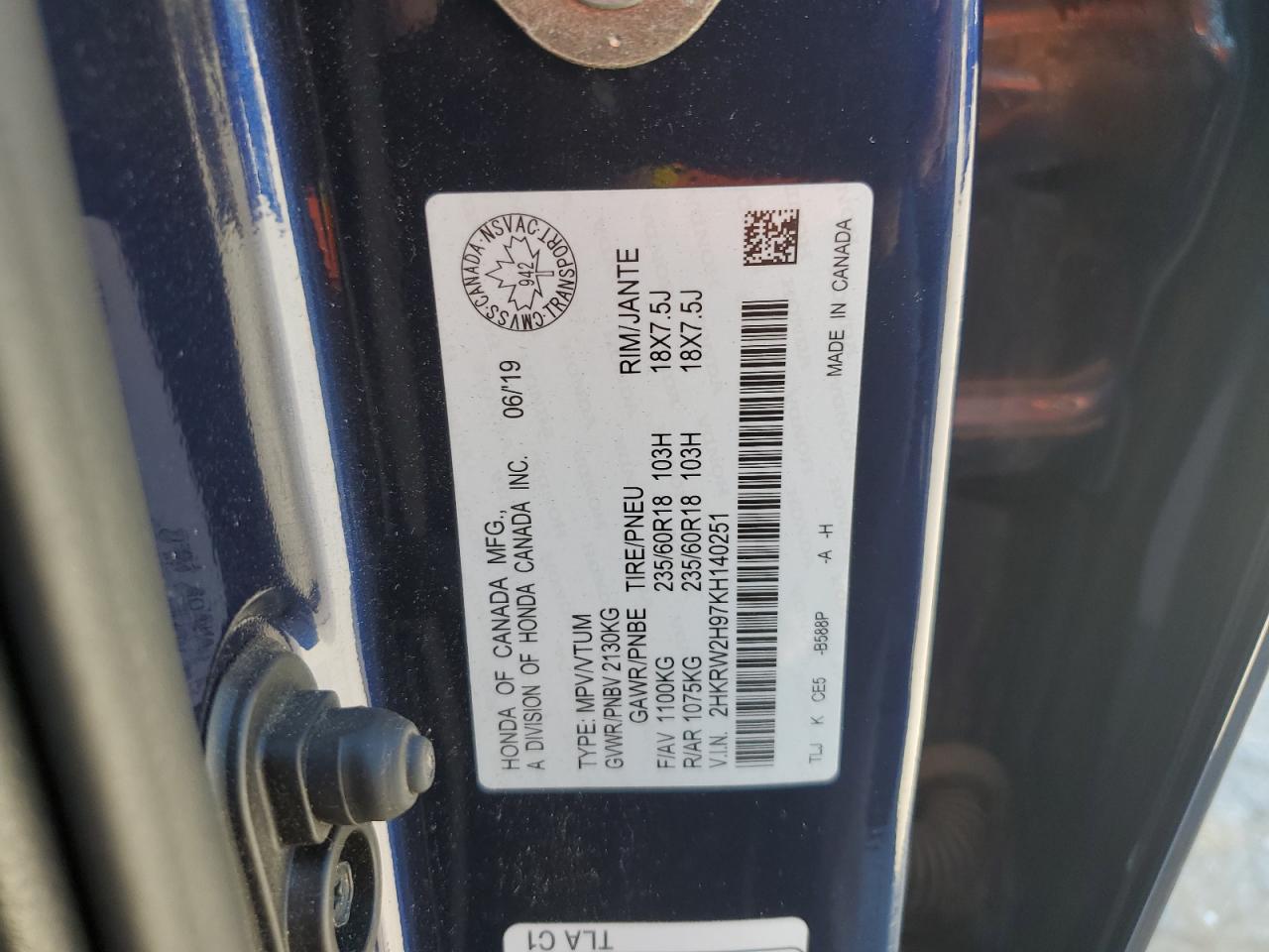 2019 Honda Cr-V Touring VIN: 2HKRW2H97KH140251 Lot: 85061115