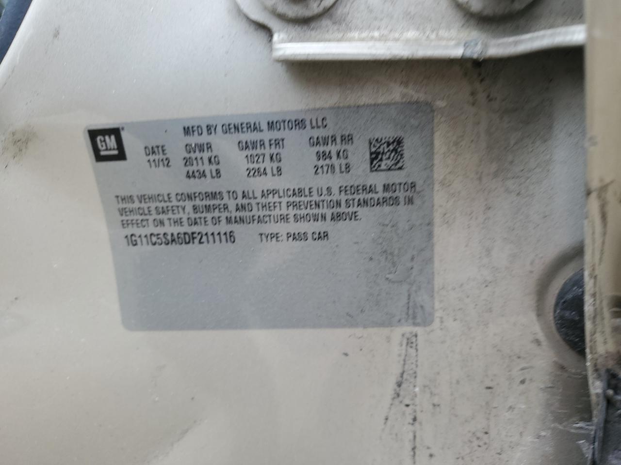 2013 Chevrolet Malibu 1Lt VIN: 1G11C5SA6DF211116 Lot: 85734245