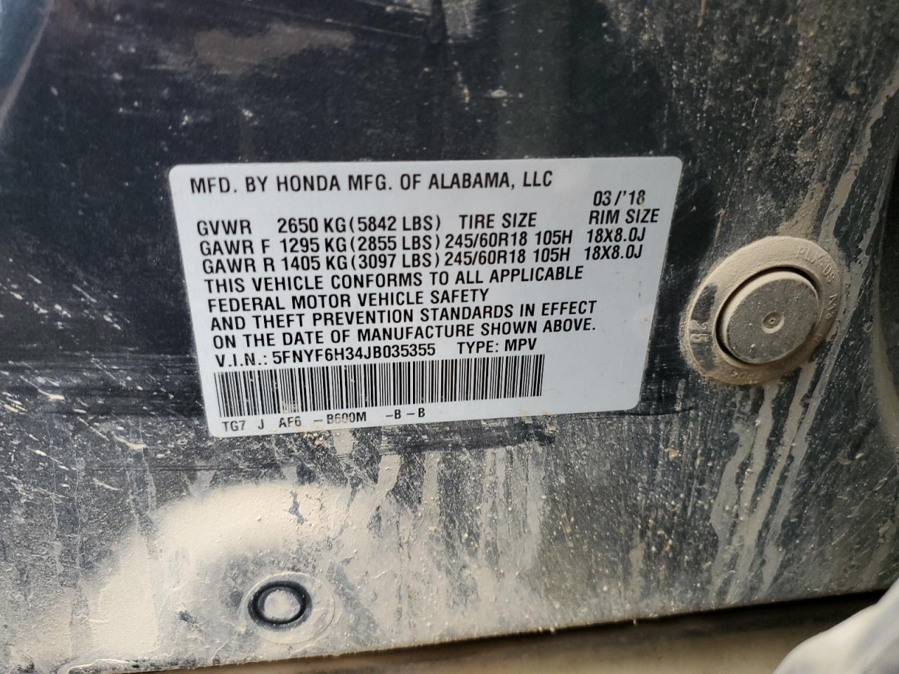 2018 Honda Pilot Ex VIN: 5FNYF6H34JB035355 Lot: 86634775