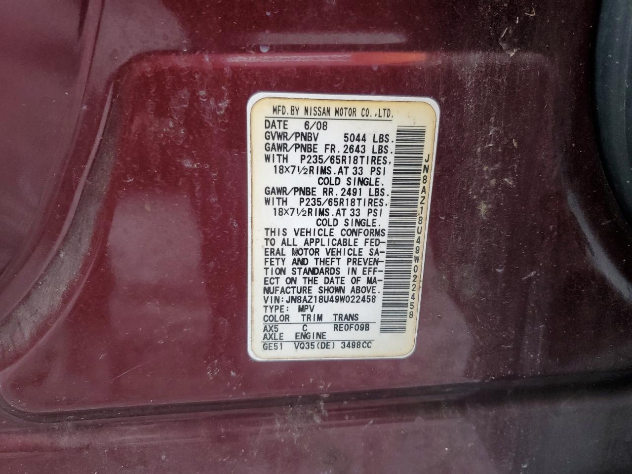 2009 Nissan Murano S VIN: JN8AZ18U49W022458 Lot: 70109845