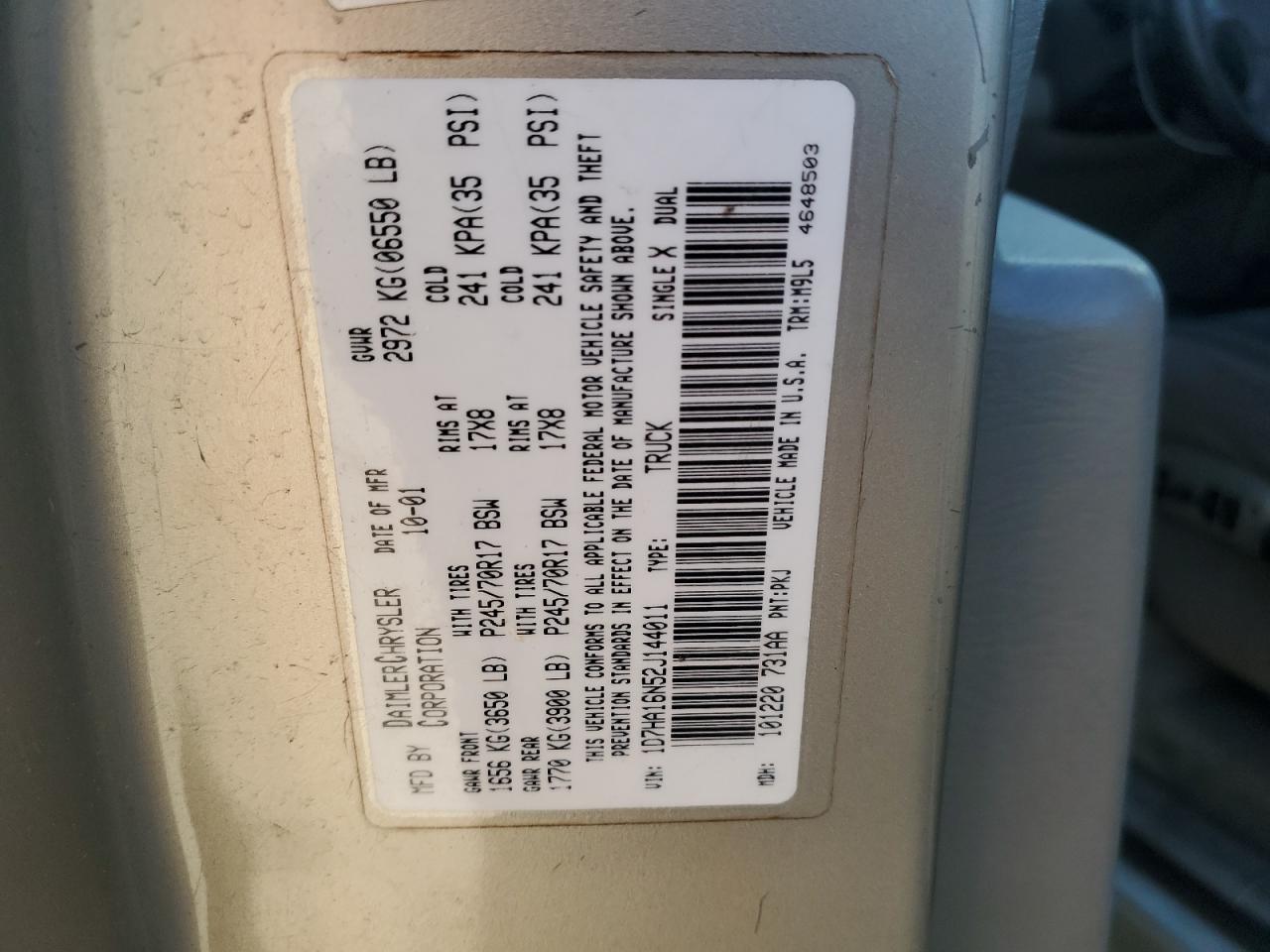 2002 Dodge Ram 1500 VIN: 1D7HA16N52J144011 Lot: 89665645