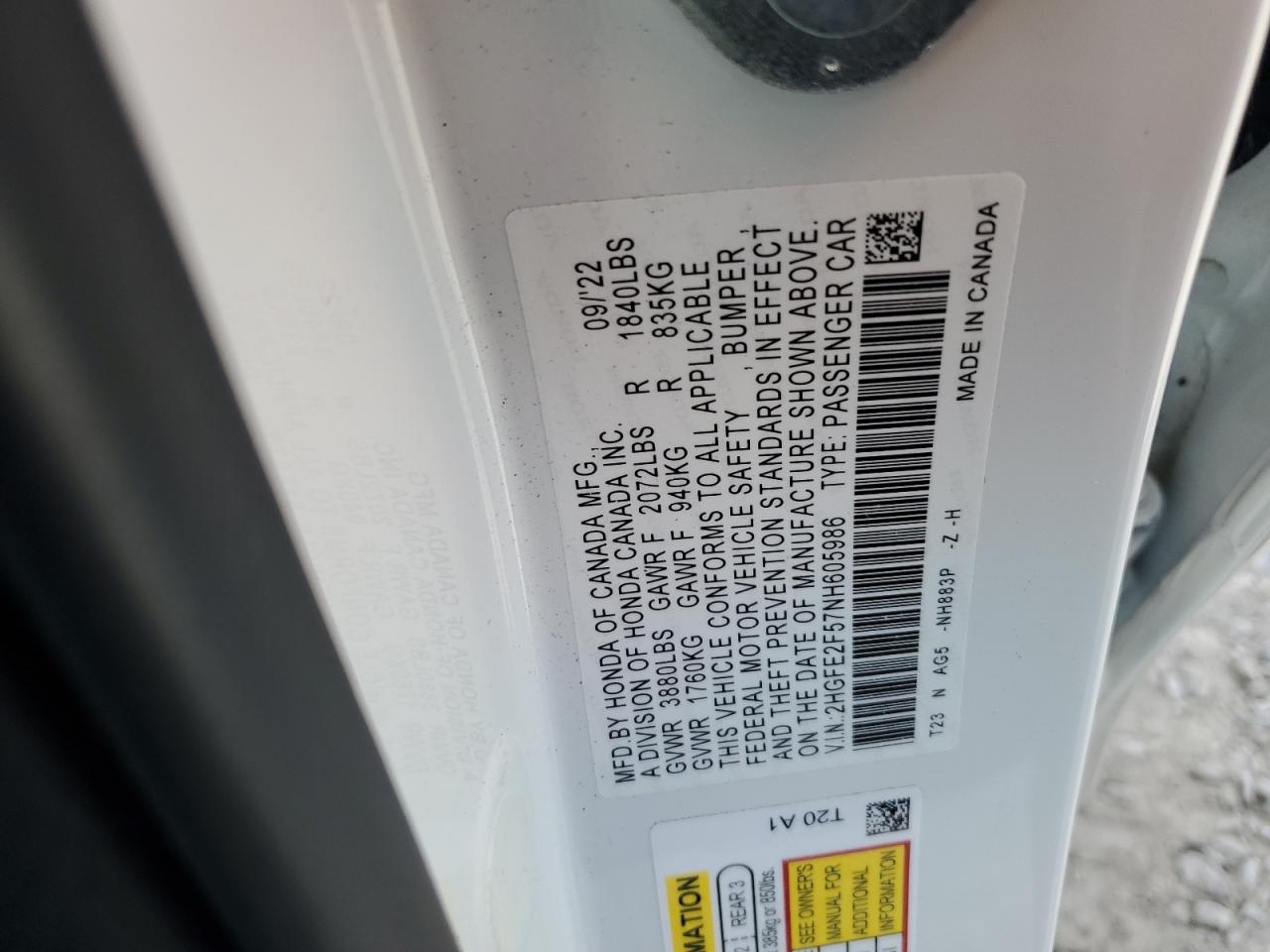 2022 Honda Civic Sport VIN: 2HGFE2F57NH605986 Lot: 82281035