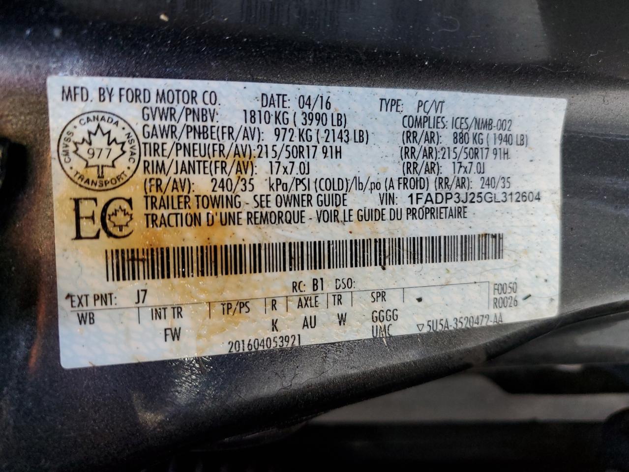 2016 Ford Focus Titanium VIN: 1FADP3J25GL312604 Lot: 85146455