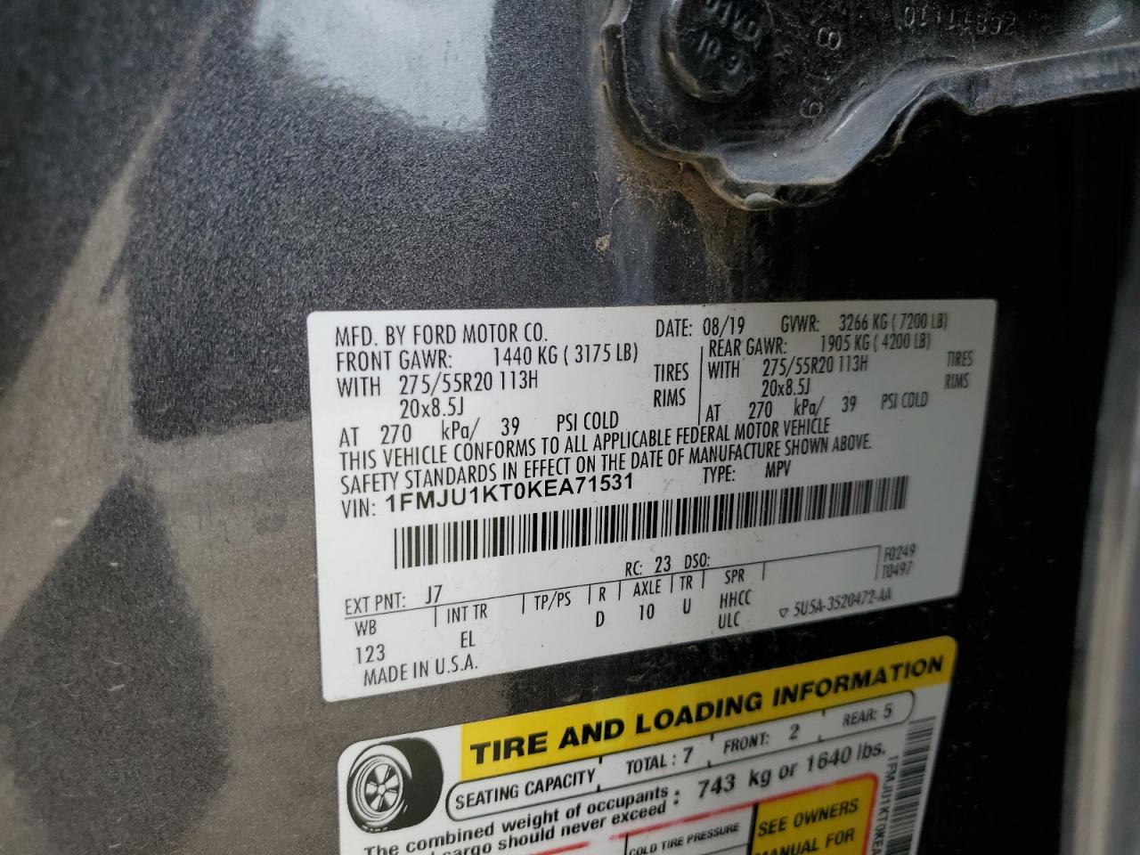 2019 Ford Expedition Limited VIN: 1FMJU1KT0KEA71531 Lot: 85573615