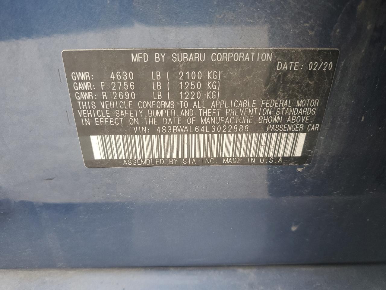 2020 Subaru Legacy Limited VIN: 4S3BWAL64L3022888 Lot: 85405465