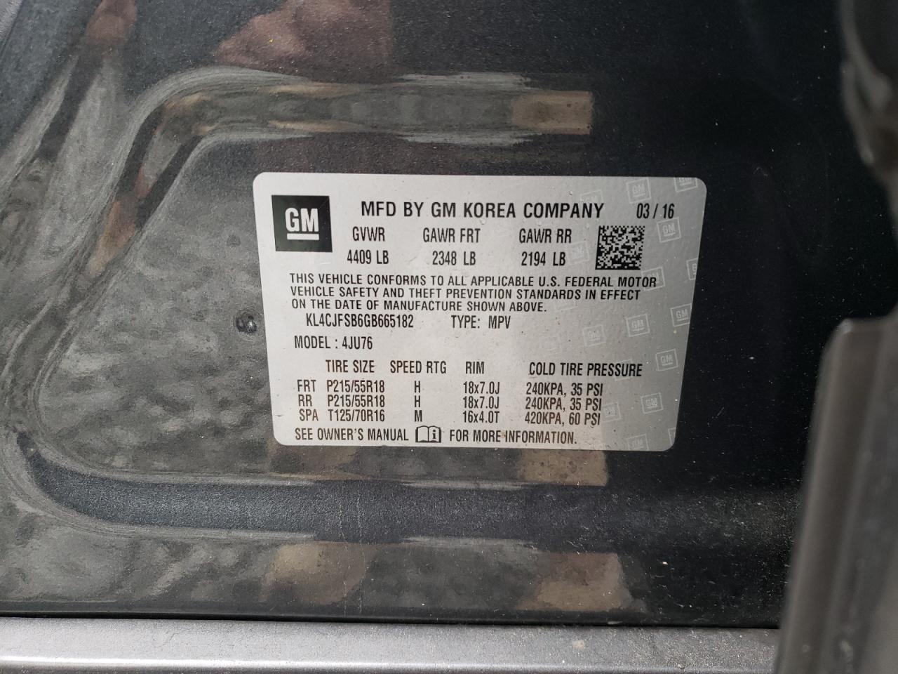 2016 Buick Encore Convenience VIN: KL4CJFSB6GB665182 Lot: 82256565