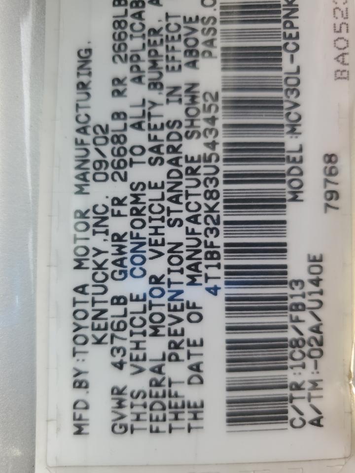 2003 Toyota Camry Le VIN: 4T1BF32K83U543452 Lot: 86555545