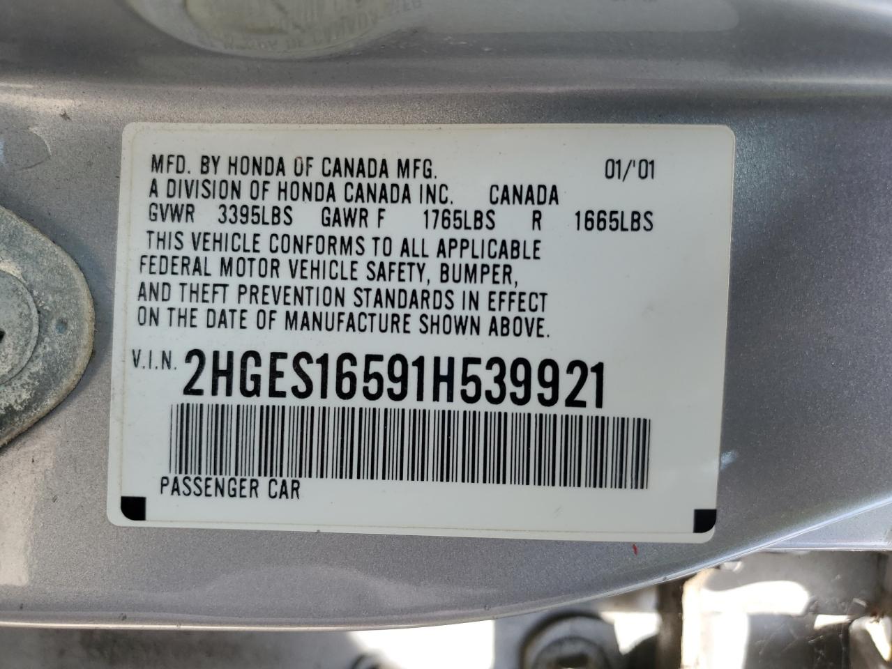 2001 Honda Civic Lx VIN: 2HGES16591H539921 Lot: 85567225