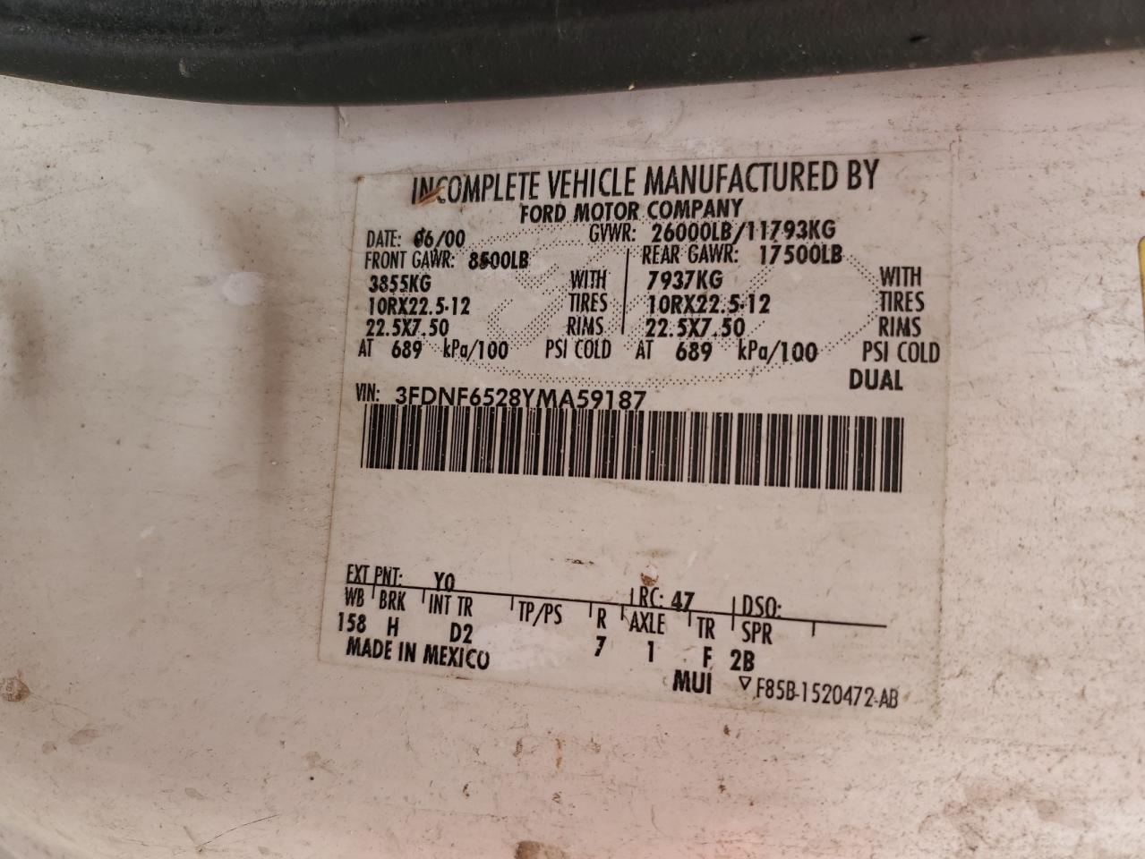 2000 Ford F650 Super Duty VIN: 3FDNF6528YMA59187 Lot: 84476445