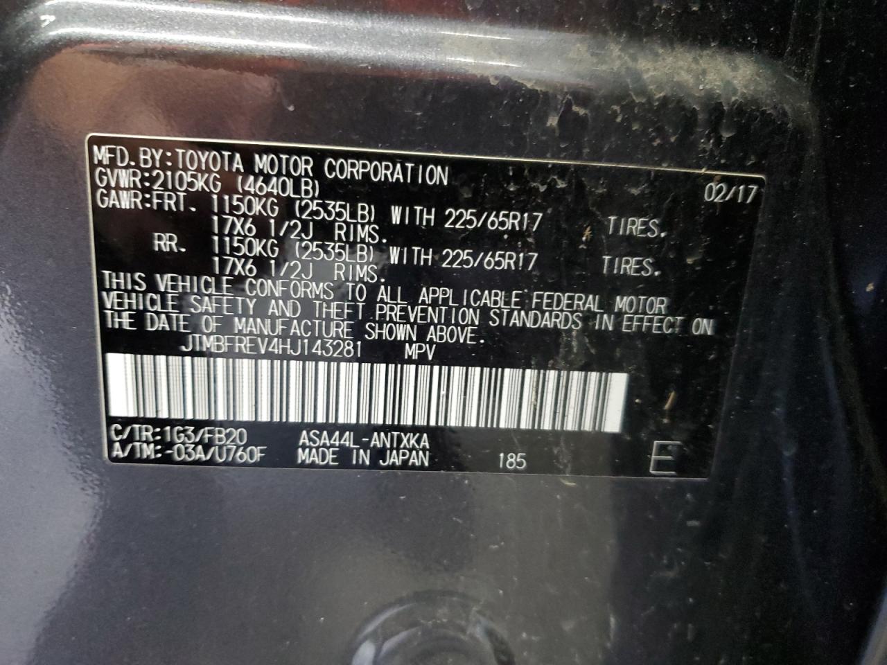 2017 Toyota Rav4 Le VIN: JTMBFREV4HJ143281 Lot: 85123605