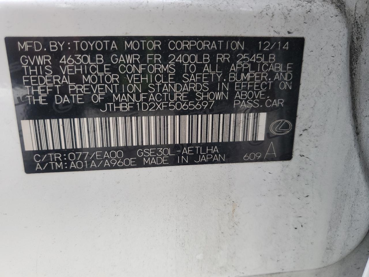 2015 Lexus Is 250 VIN: JTHBF1D2XF5065697 Lot: 81805145