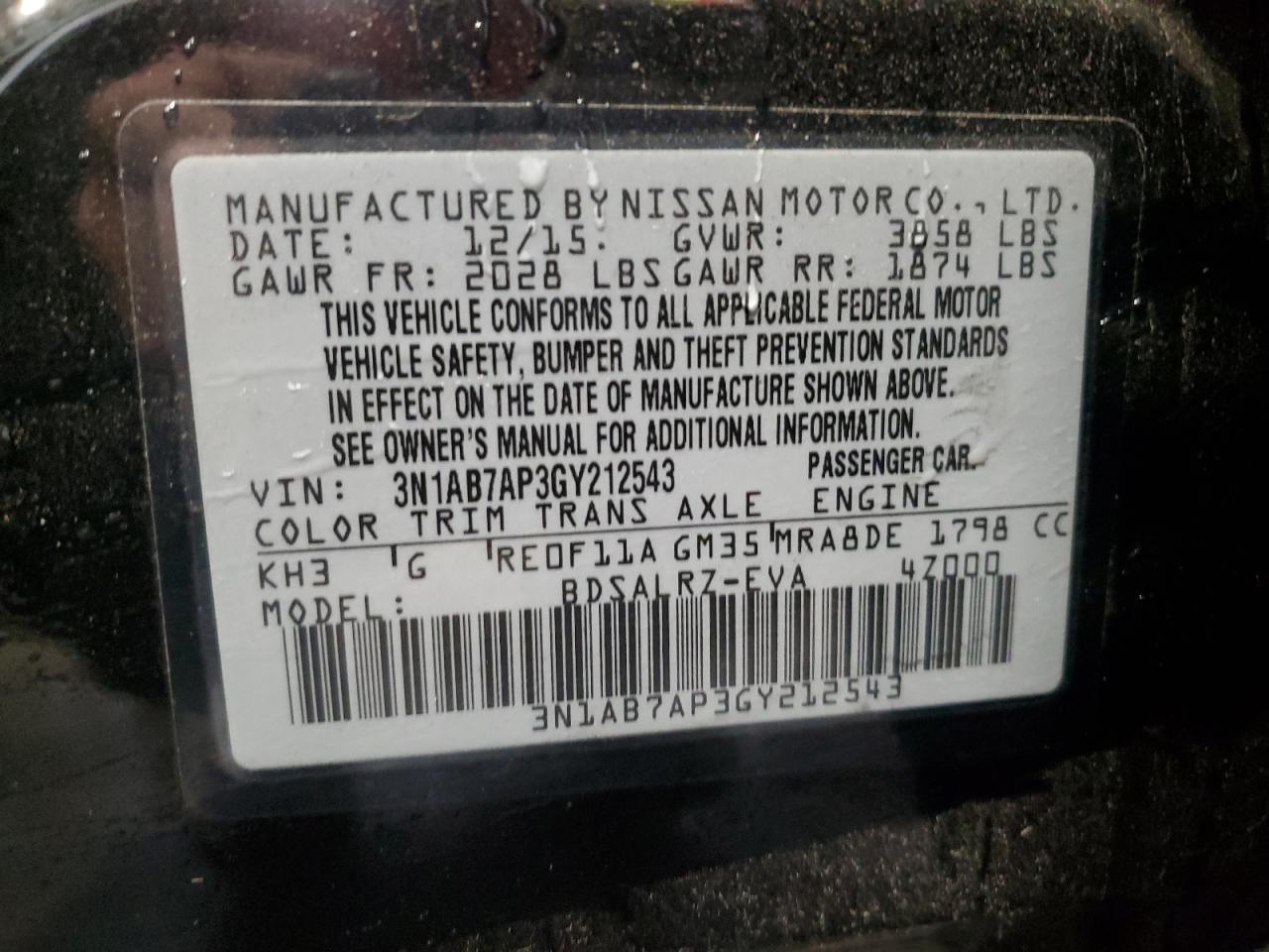 2016 Nissan Sentra S VIN: 3N1AB7AP3GY212543 Lot: 90663085