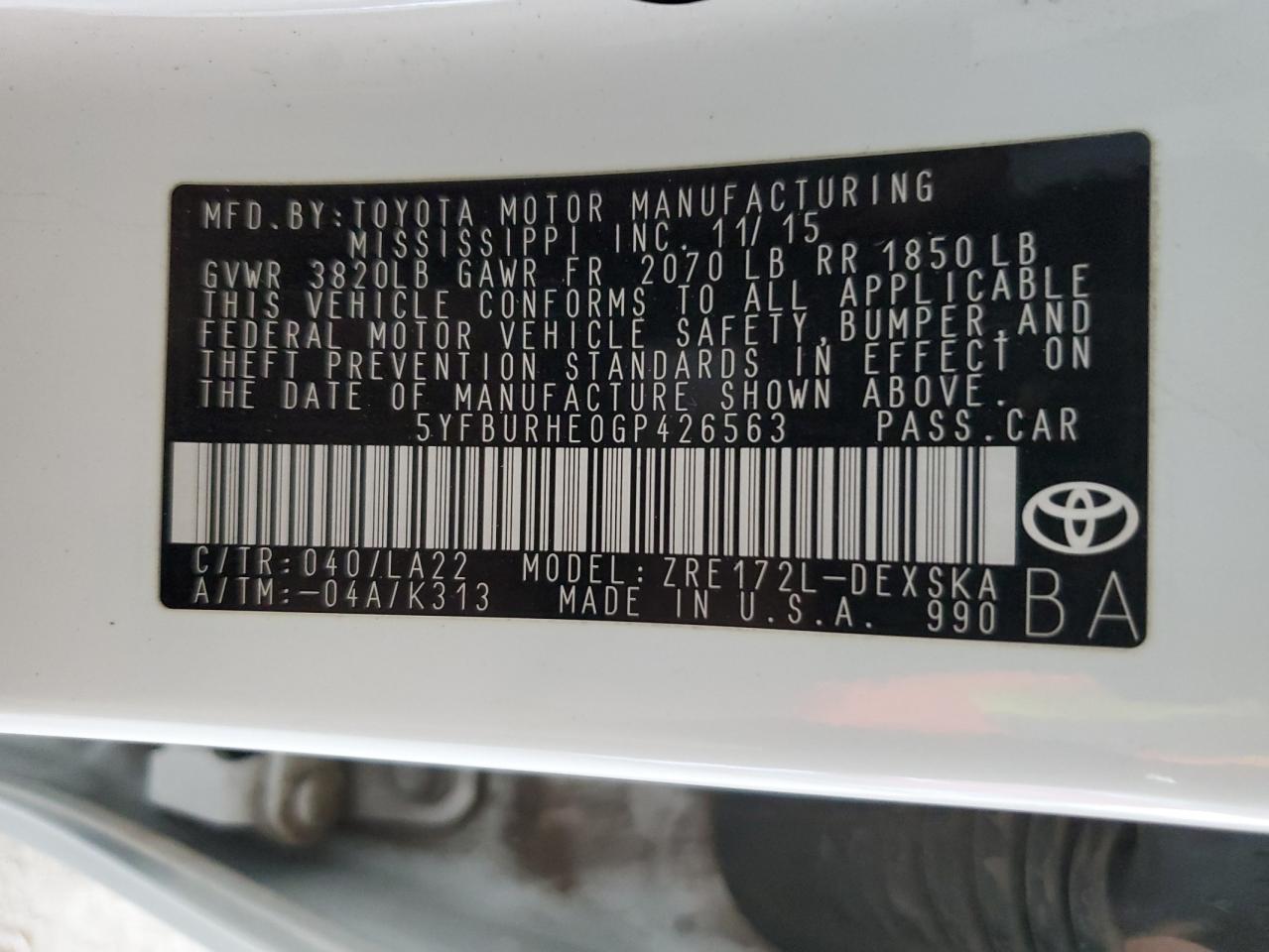 2016 Toyota Corolla L VIN: 5YFBURHE0GP426563 Lot: 84987755