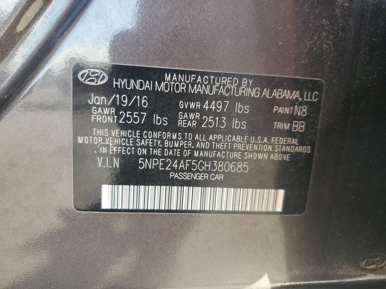 2016 Hyundai Sonata Se VIN: 5NPE24AF5GH380685 Lot: 86595185