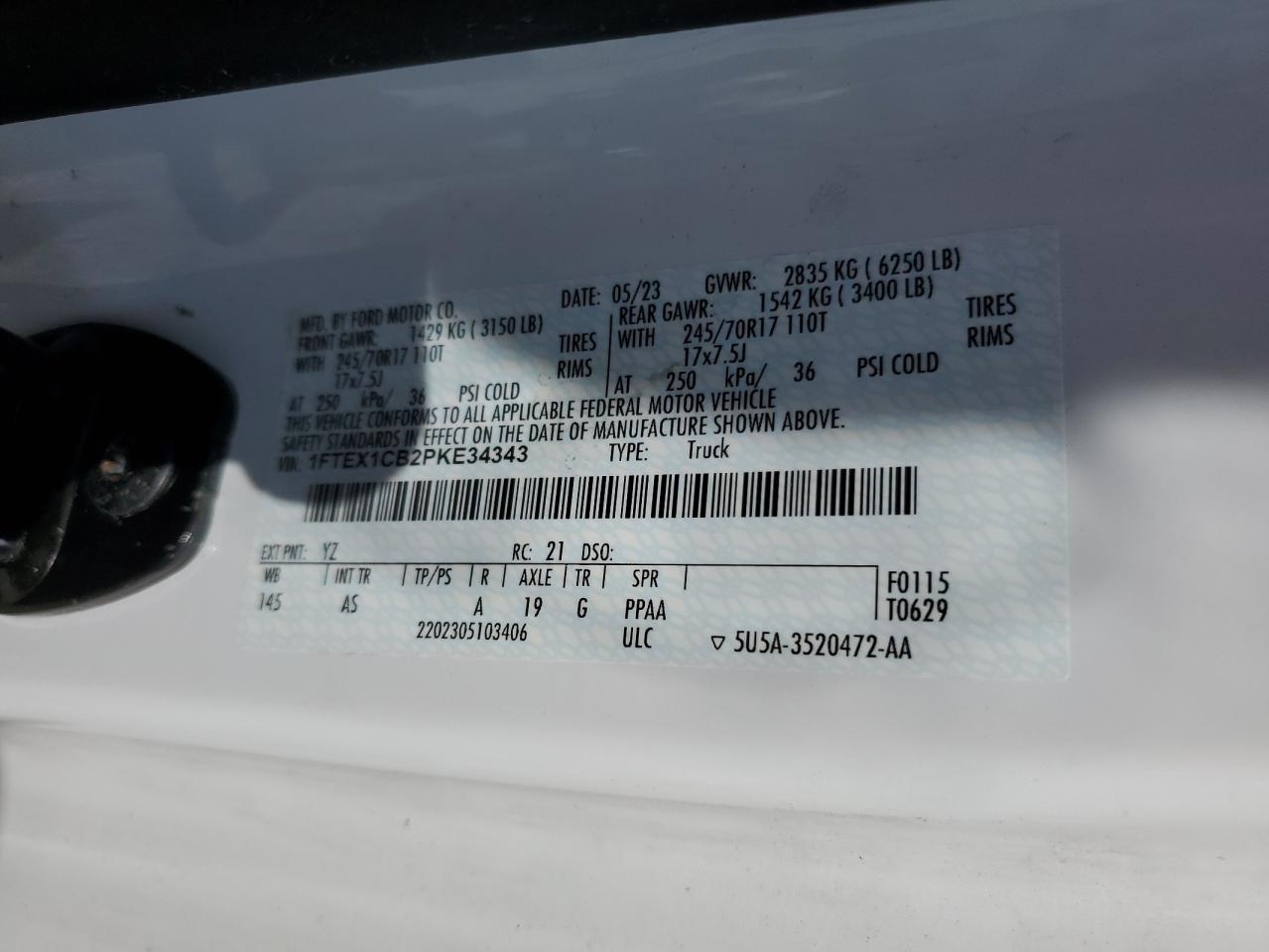 2023 Ford F150 Super Cab VIN: 1FTEX1CB2PKE34343 Lot: 84396075