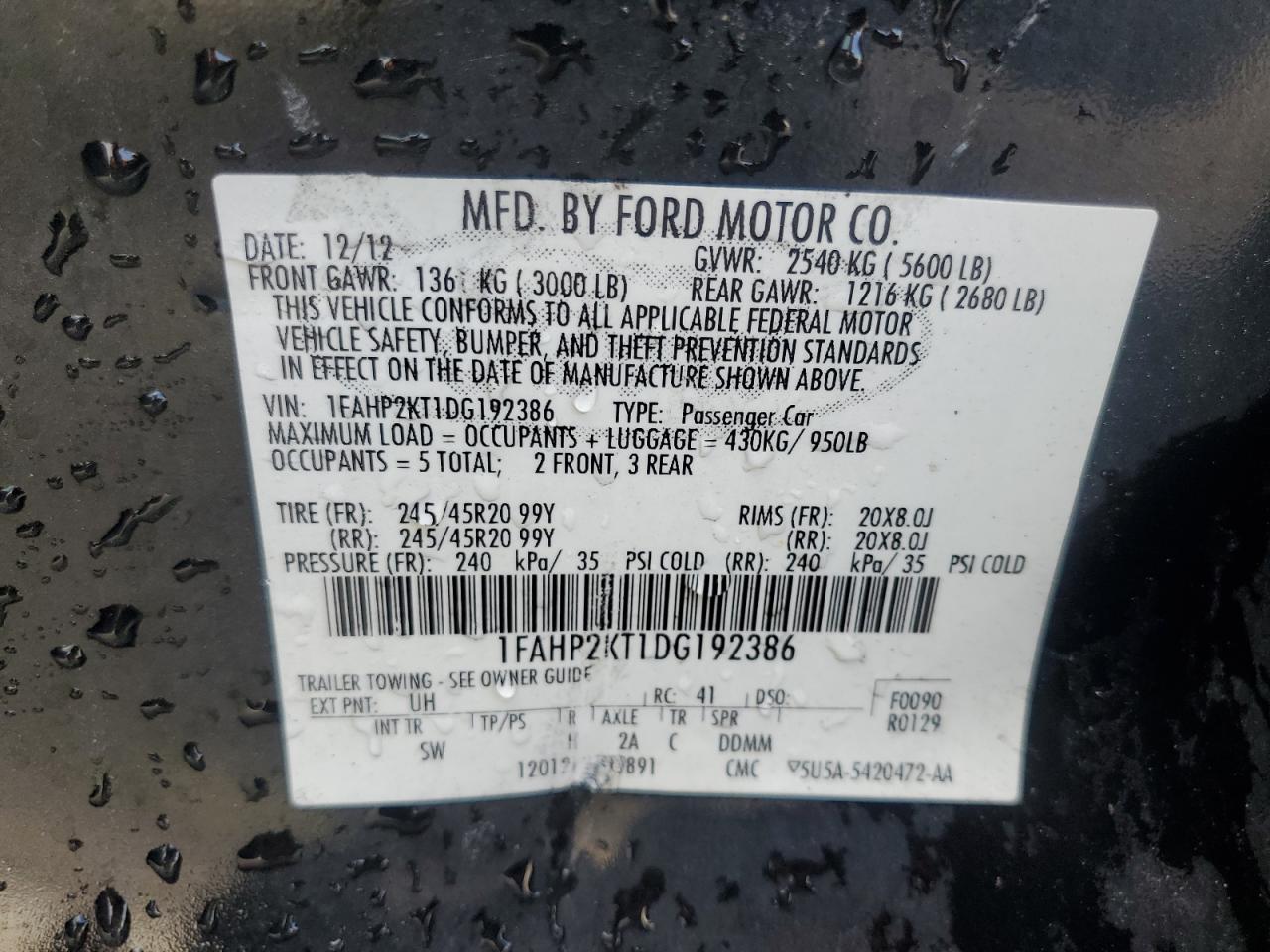 2013 Ford Taurus Sho VIN: 1FAHP2KT1DG192386 Lot: 85878555