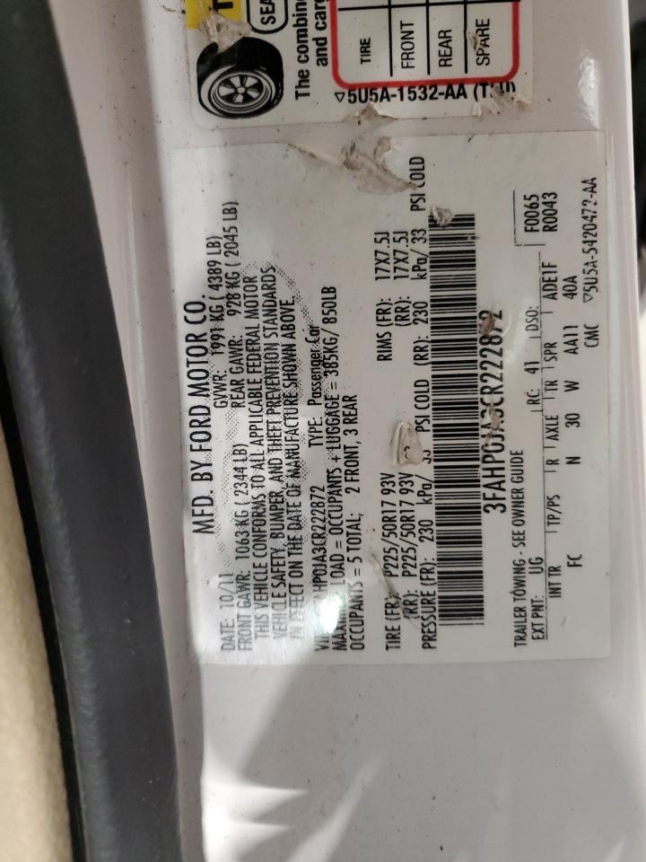 2012 Ford Fusion Sel VIN: 3FAHP0JA3CR222872 Lot: 82178855