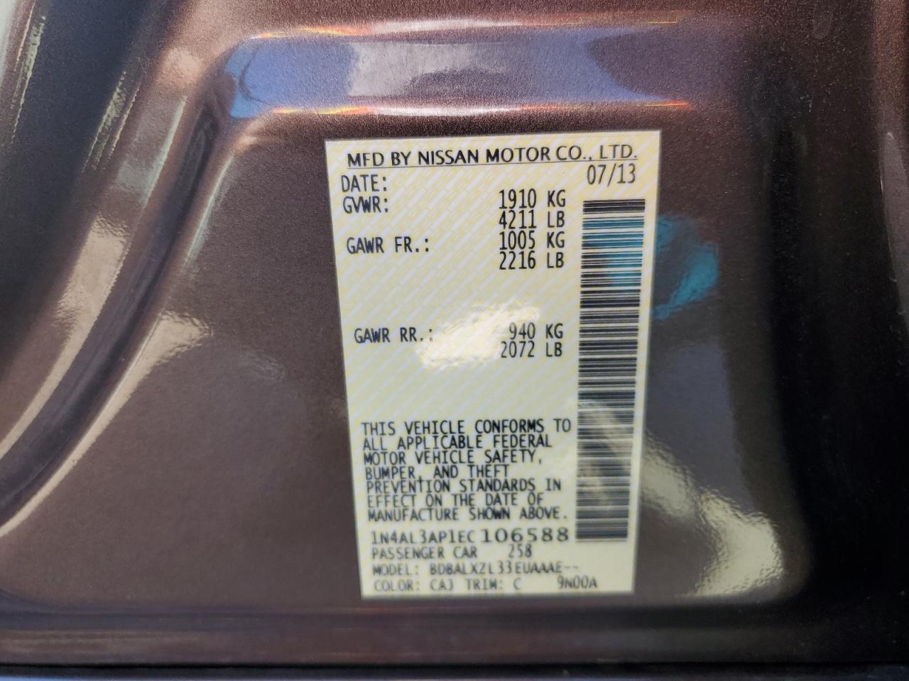 2014 Nissan Altima 2.5 VIN: 1N4AL3AP1EC106588 Lot: 82350645