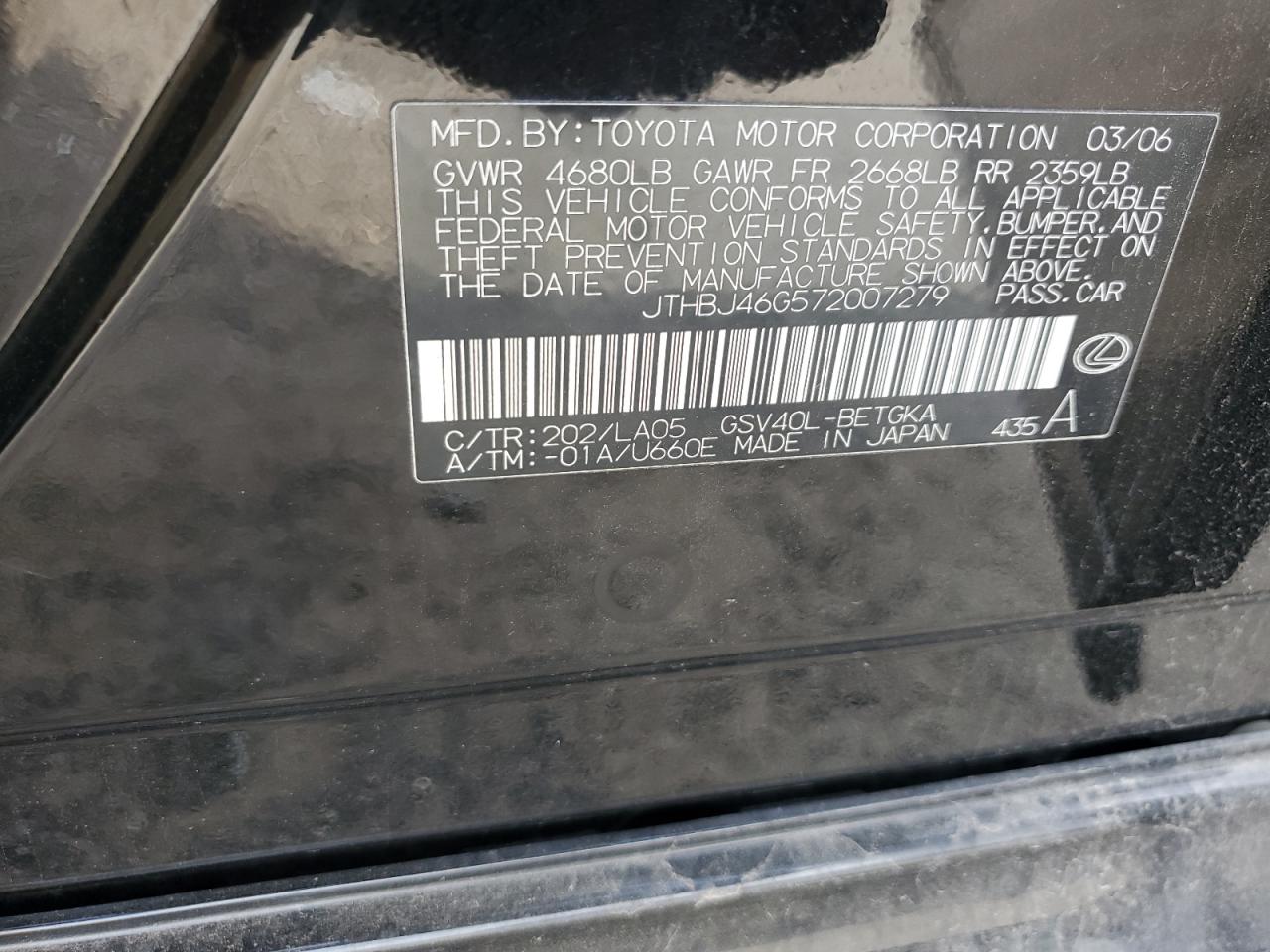 2007 Lexus Es 350 VIN: JTHBJ46G572007279 Lot: 84854175