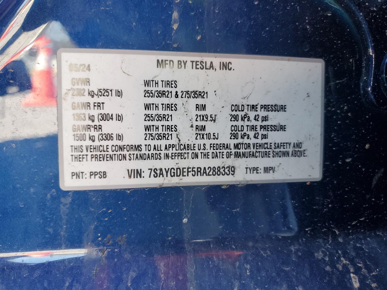 2024 Tesla Model Y VIN: 7SAYGDEF5RA288339 Lot: 89541565