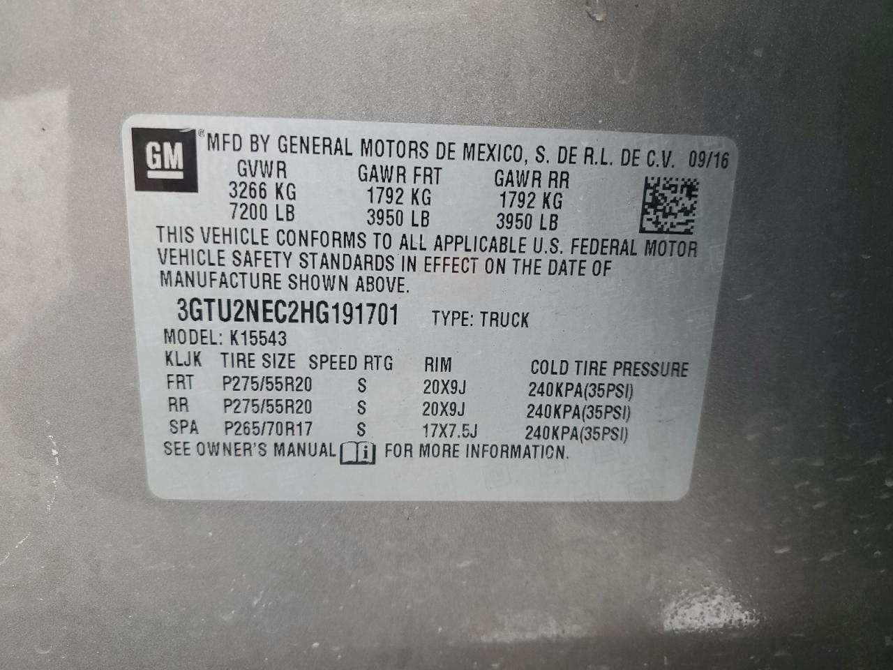 2017 GMC Sierra K1500 Slt VIN: 3GTU2NEC2HG191701 Lot: 82221955