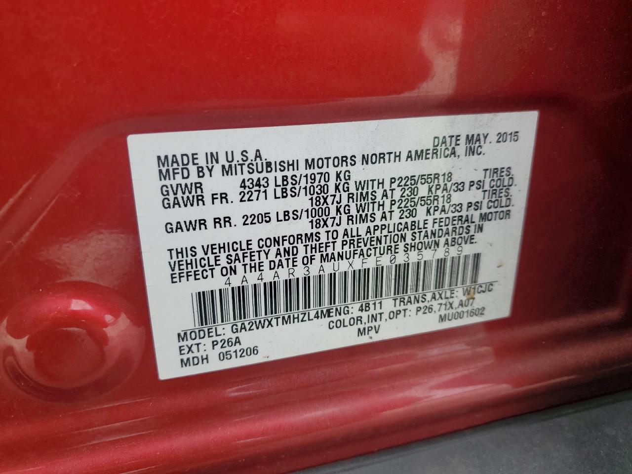 2015 Mitsubishi Outlander Sport Es VIN: 4A4AR3AUXFE035789 Lot: 82428925