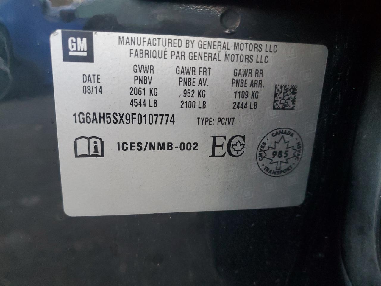 2015 Cadillac Ats Luxury VIN: 1G6AH5SX9F0107774 Lot: 85697295