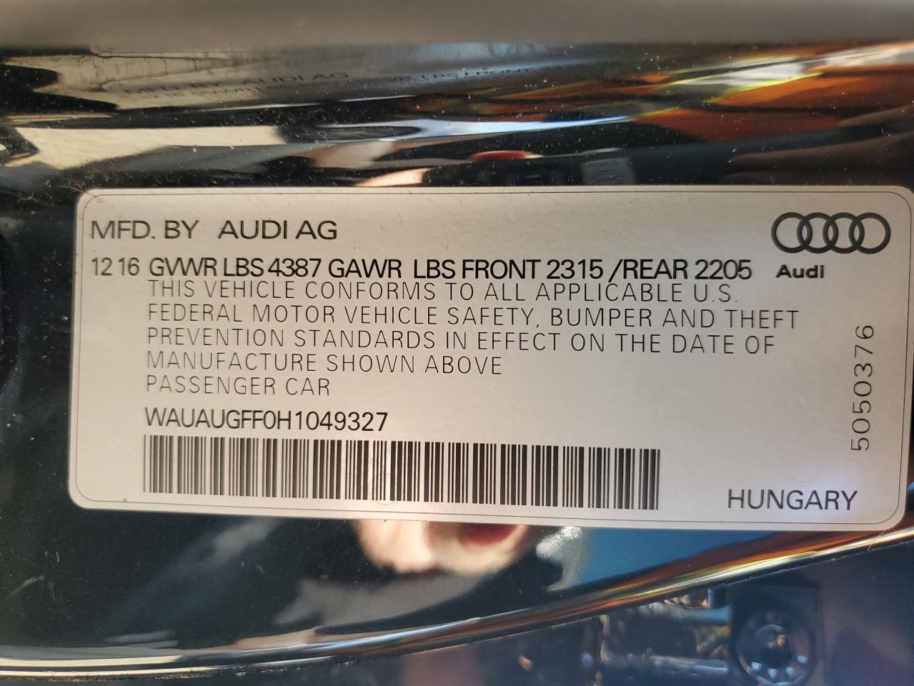 2017 Audi A3 Premium VIN: WAUAUGFF0H1049327 Lot: 85712075