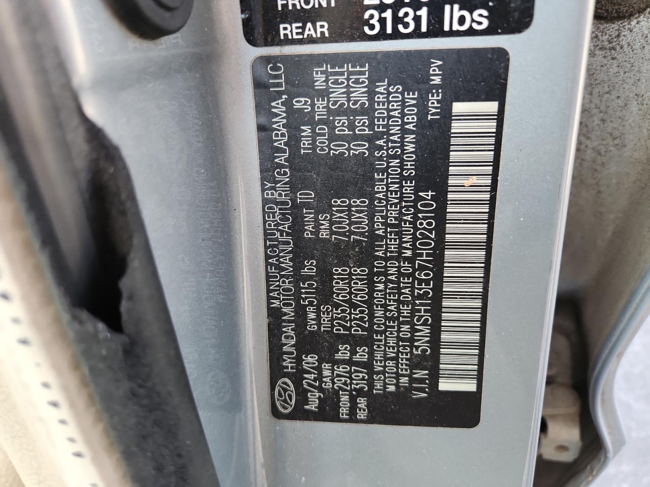 2007 Hyundai Santa Fe Se VIN: 5NMSH13E67H028104 Lot: 85317965