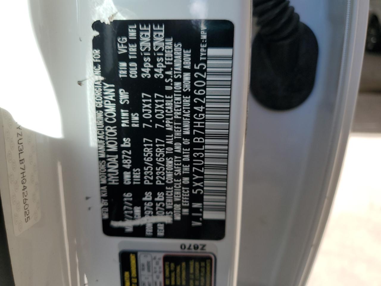 2017 Hyundai Santa Fe Sport VIN: 5XYZU3LB7HG426025 Lot: 85268985