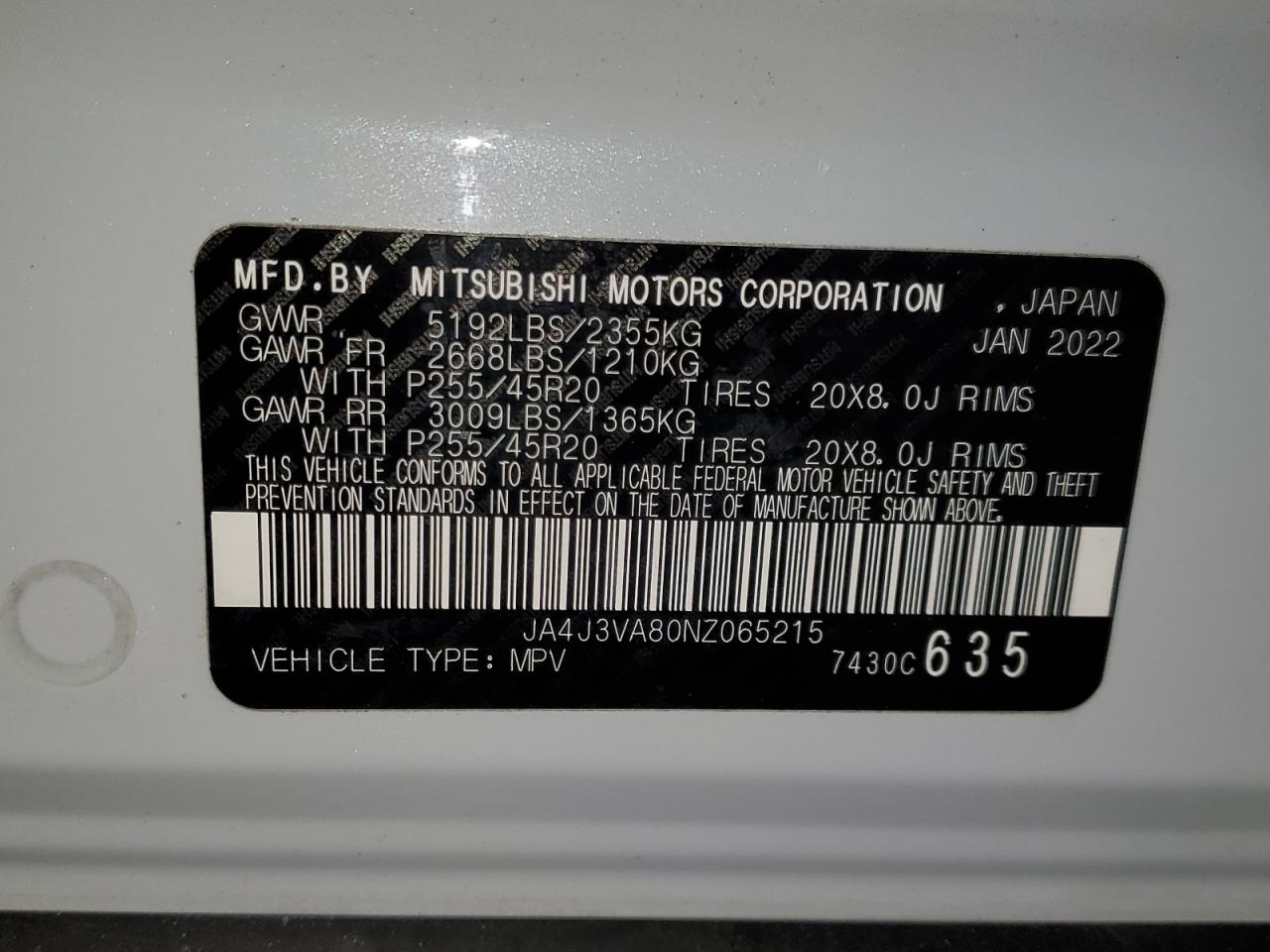 2022 Mitsubishi Outlander Sel VIN: JA4J3VA80NZ065215 Lot: 82233895