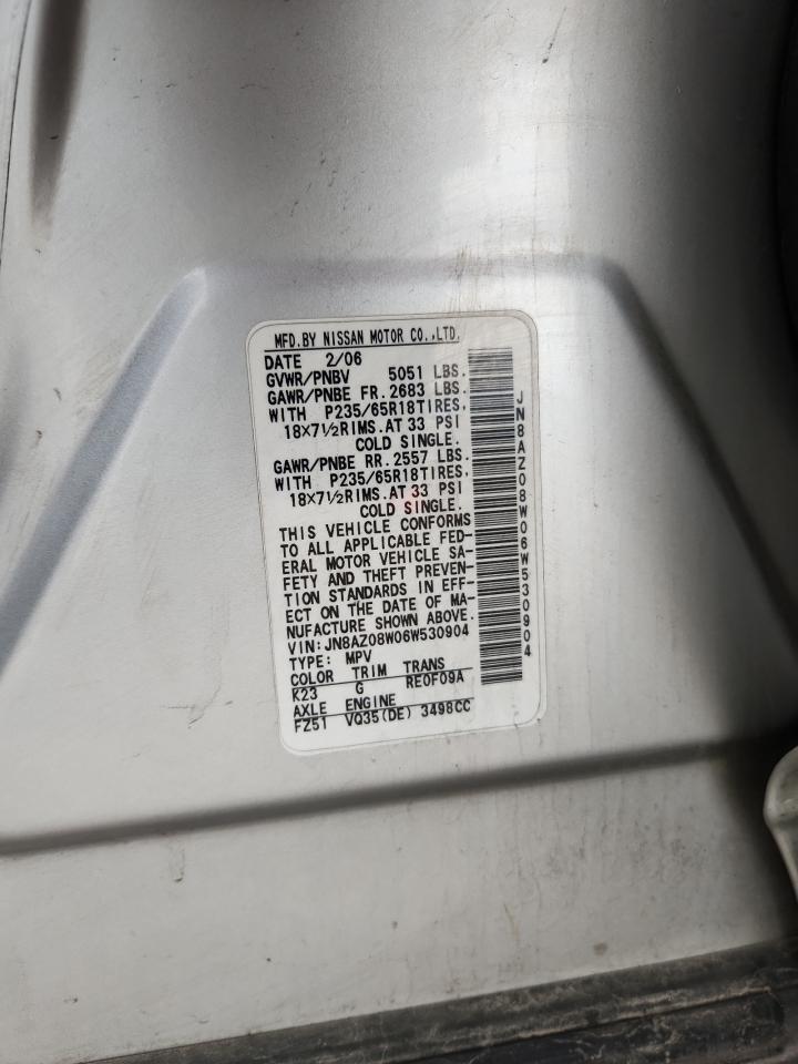 2006 Nissan Murano Sl VIN: JN8AZ08W06W530904 Lot: 82457135