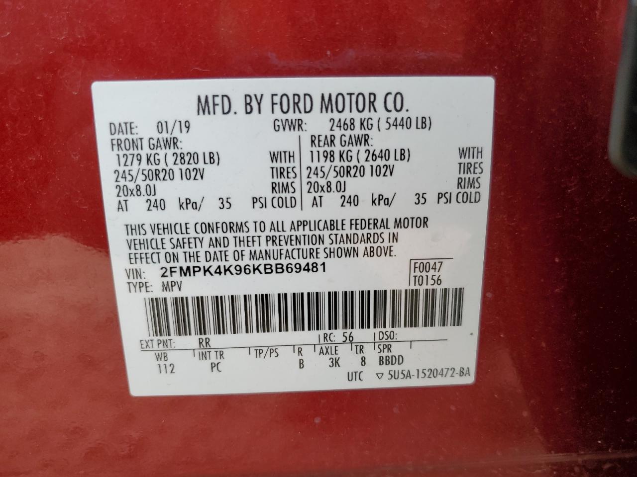 2019 Ford Edge Titanium VIN: 2FMPK4K96KBB69481 Lot: 85587075