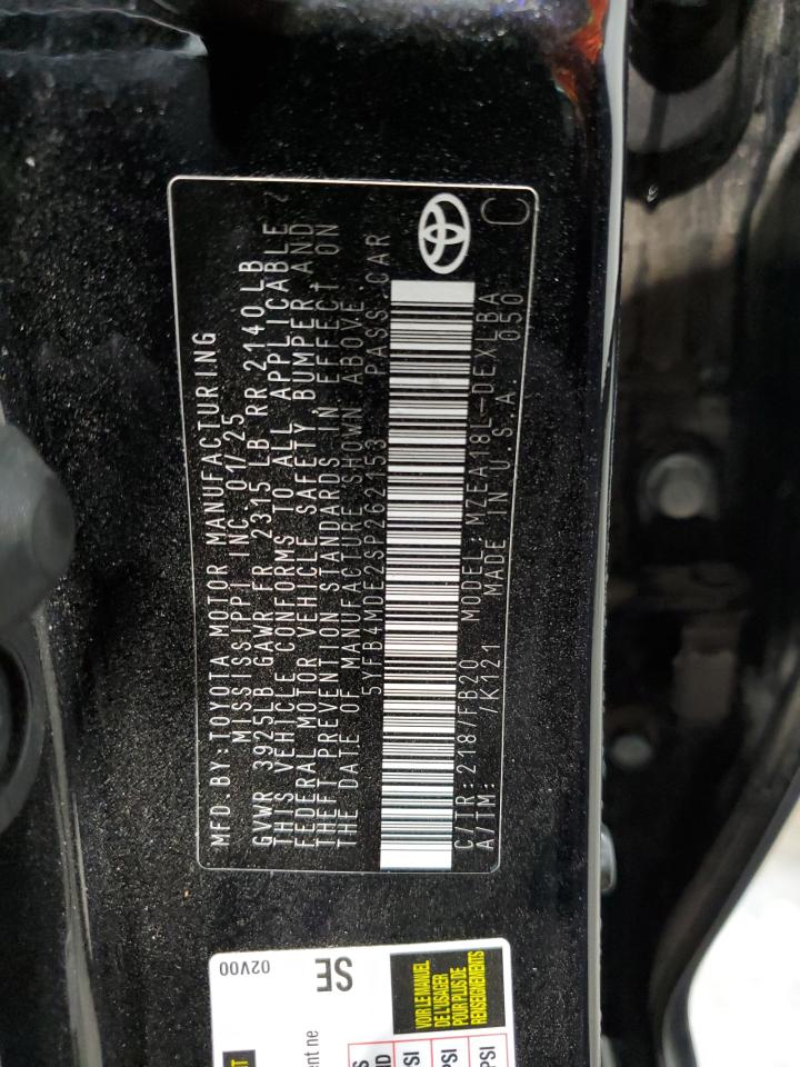 2025 Toyota Corolla Le VIN: 5YFB4MDE2SP262153 Lot: 86847525