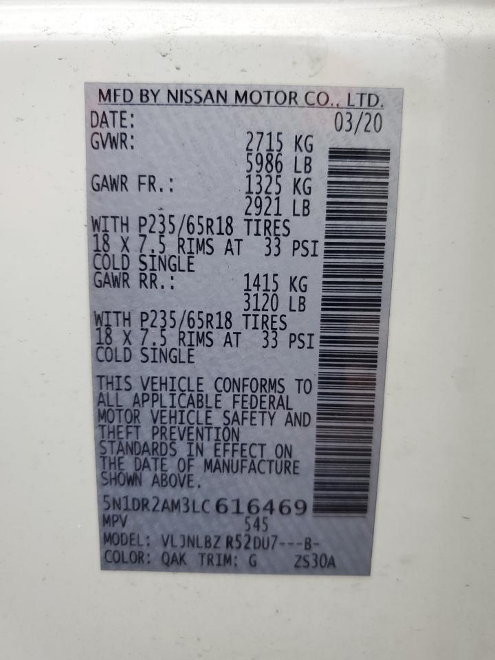 2020 Nissan Pathfinder S VIN: 5N1DR2AM3LC616469 Lot: 85081145