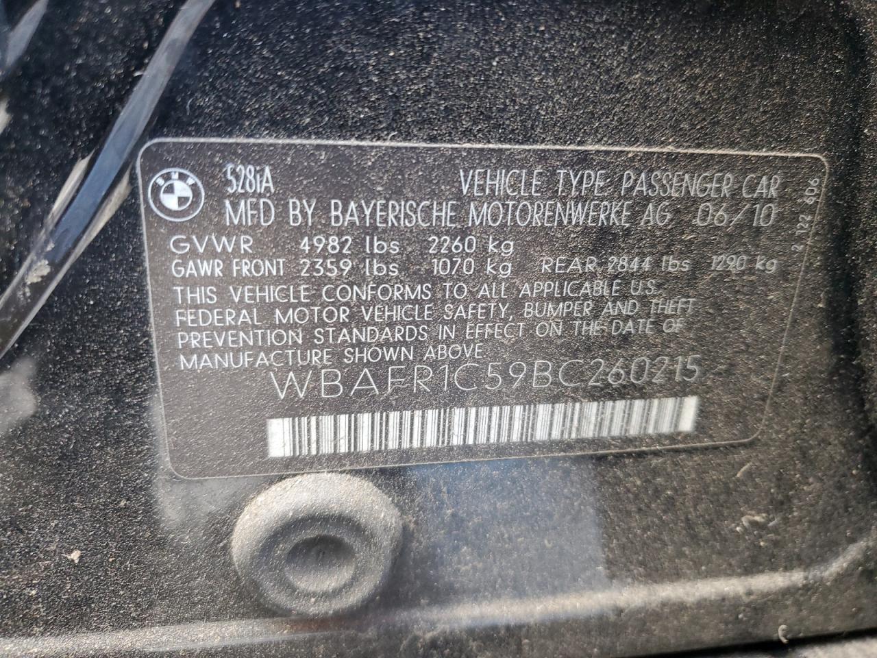2011 BMW 528 I VIN: WBAFR1C59BC260215 Lot: 86254795