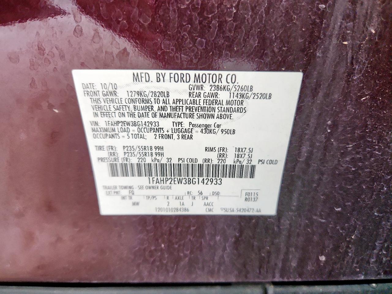 2011 Ford Taurus Sel VIN: 1FAHP2EW3BG142933 Lot: 84982545