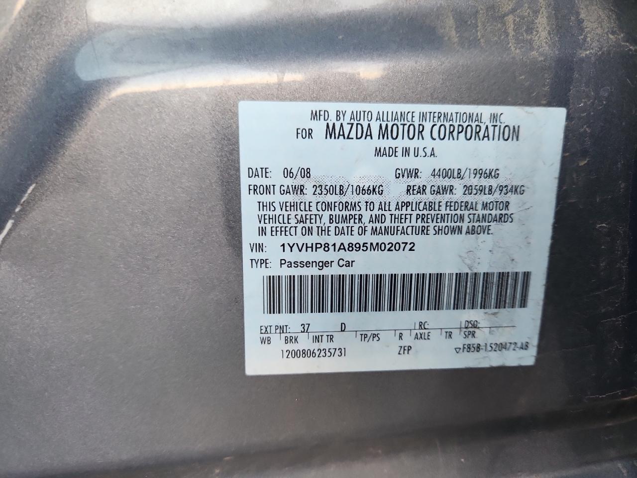 2009 Mazda 6 I VIN: 1YVHP81A895M02072 Lot: 90919405