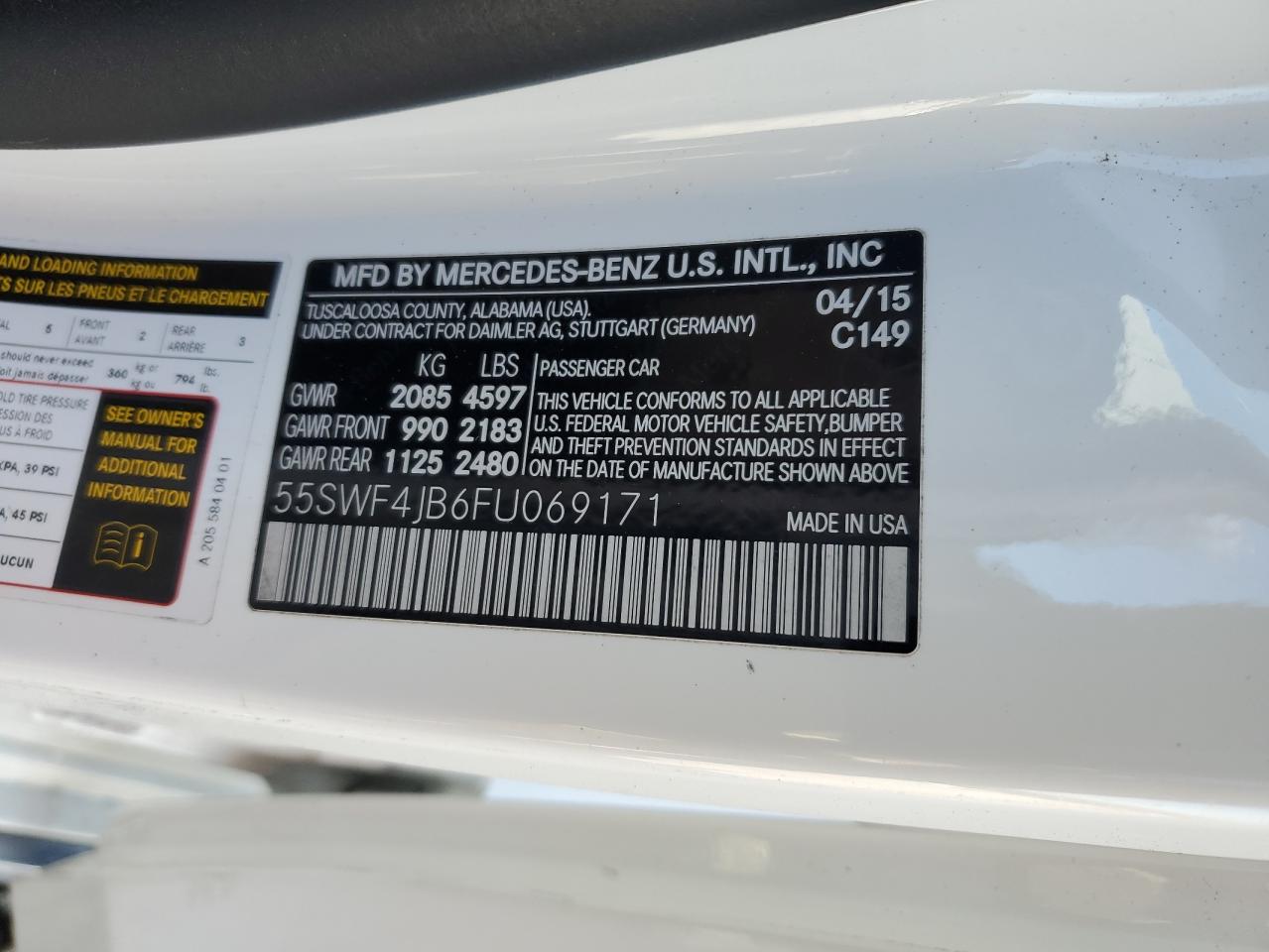 2015 Mercedes-Benz C 300 VIN: 55SWF4JB6FU069171 Lot: 90656115