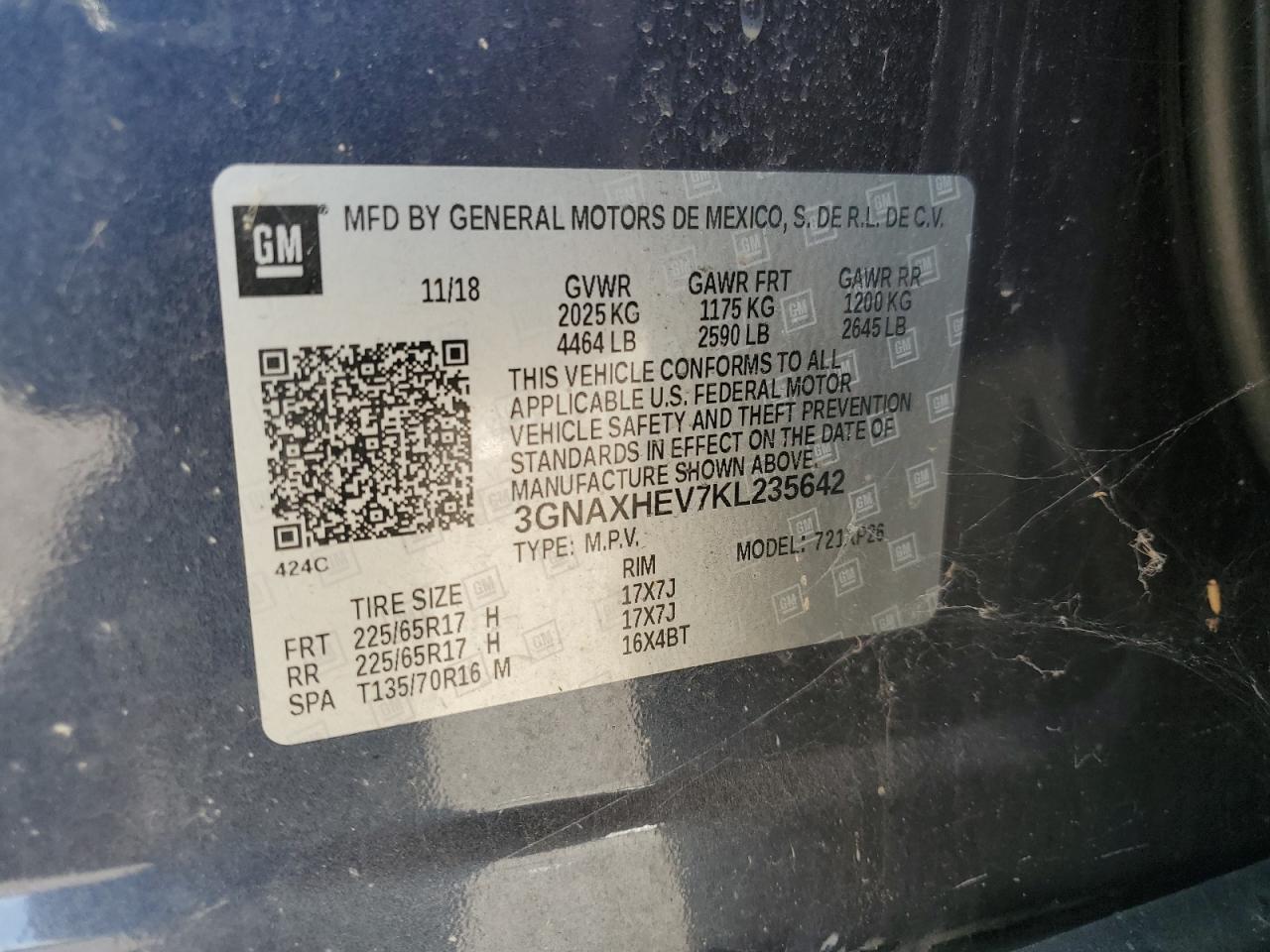 2019 Chevrolet Equinox Ls VIN: 3GNAXHEV7KL235642 Lot: 84884455