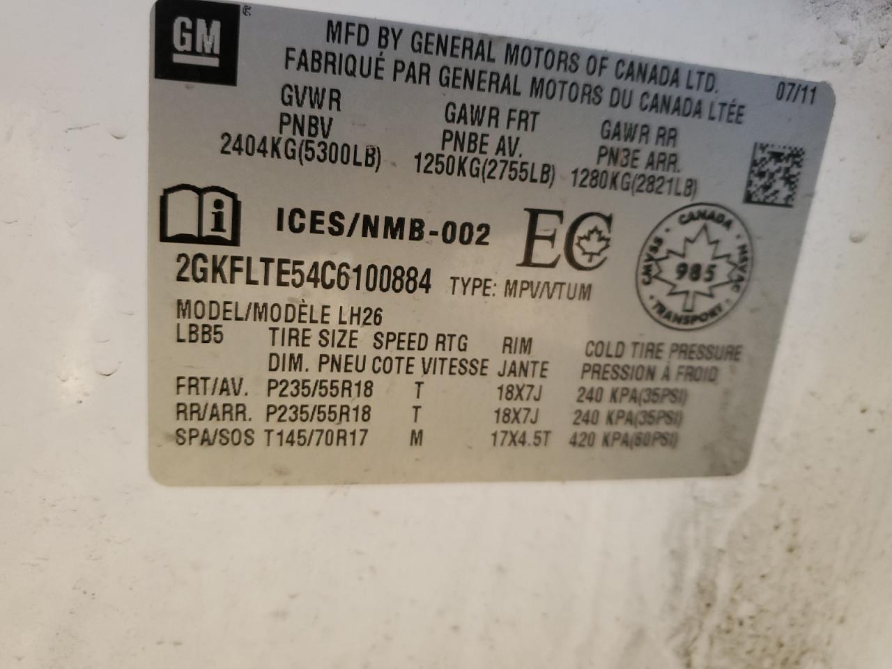 2012 GMC Terrain Sle VIN: 2GKFLTE54C6100884 Lot: 86234175