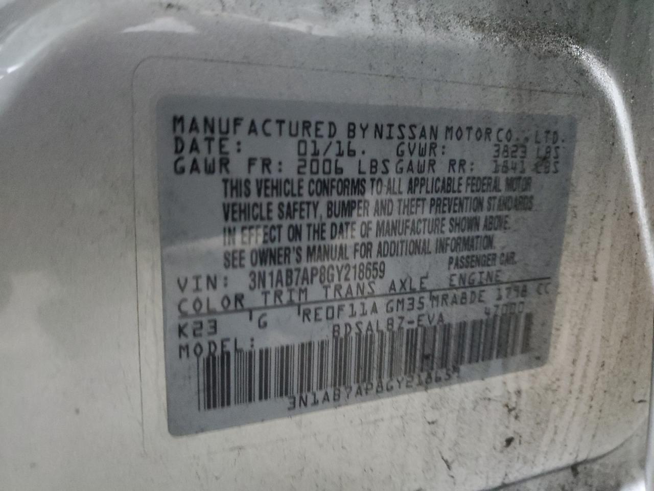 2016 Nissan Sentra S VIN: 3N1AB7AP8GY218659 Lot: 82666385